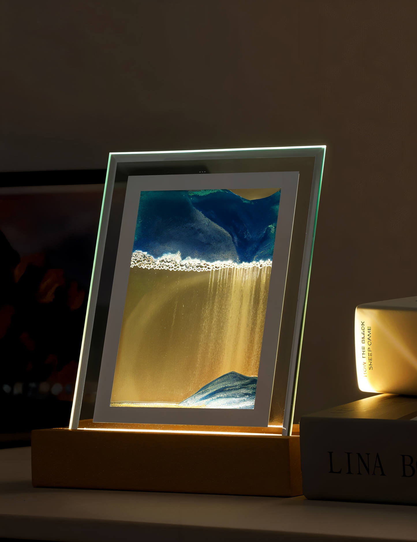 3Dflow nachtlampe - kreativer rahmen mit kunstdekoration aus treibendem sand