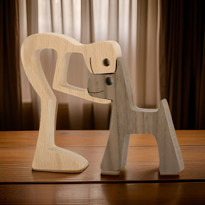 Paws of love - hund und mensch handgefertigte holzskulptur - symbol für ewige bindung