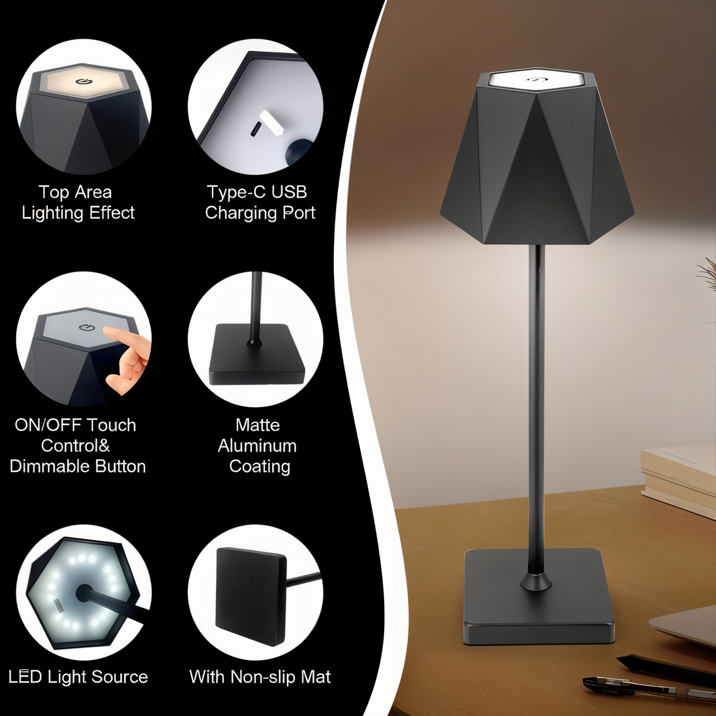 PolyLamp - tragbare sechseckige LED-tischlampe - wasserdicht und wiederaufladbar