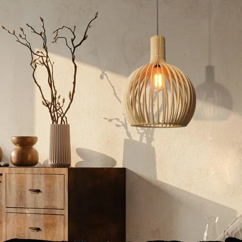Skandinavische vogelkäfiglampe aus holz, japanische kreative holzpendellampe