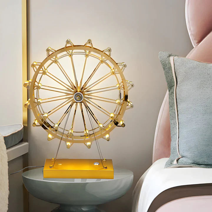 LumiFerris – tischlampe aus goldenem eisen mit riesenrad, integrierter led und touch-schalter