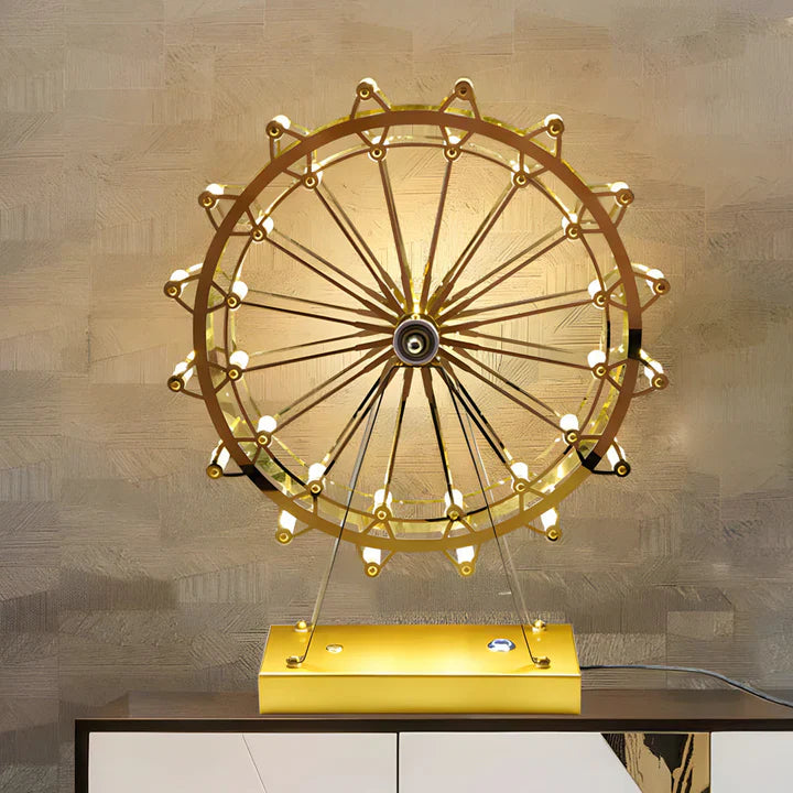 LumiFerris – tischlampe aus goldenem eisen mit riesenrad, integrierter led und touch-schalter