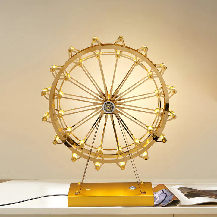 LumiFerris – tischlampe aus goldenem eisen mit riesenrad, integrierter led und touch-schalter