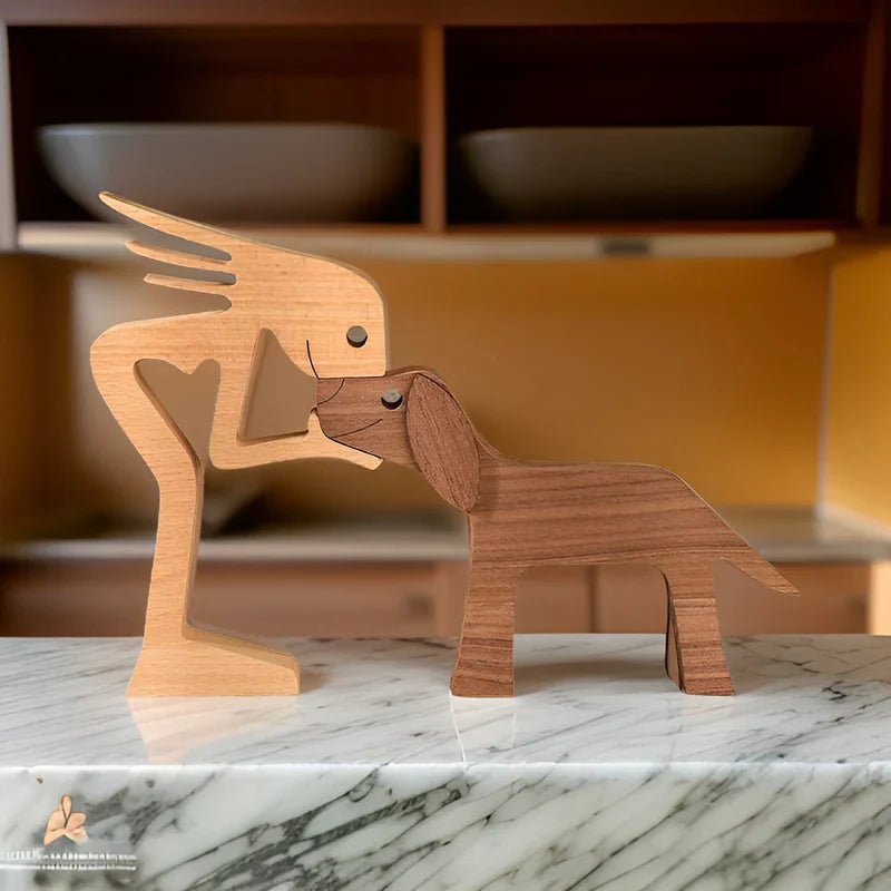 Paws of love - hund und mensch handgefertigte holzskulptur - symbol für ewige bindung