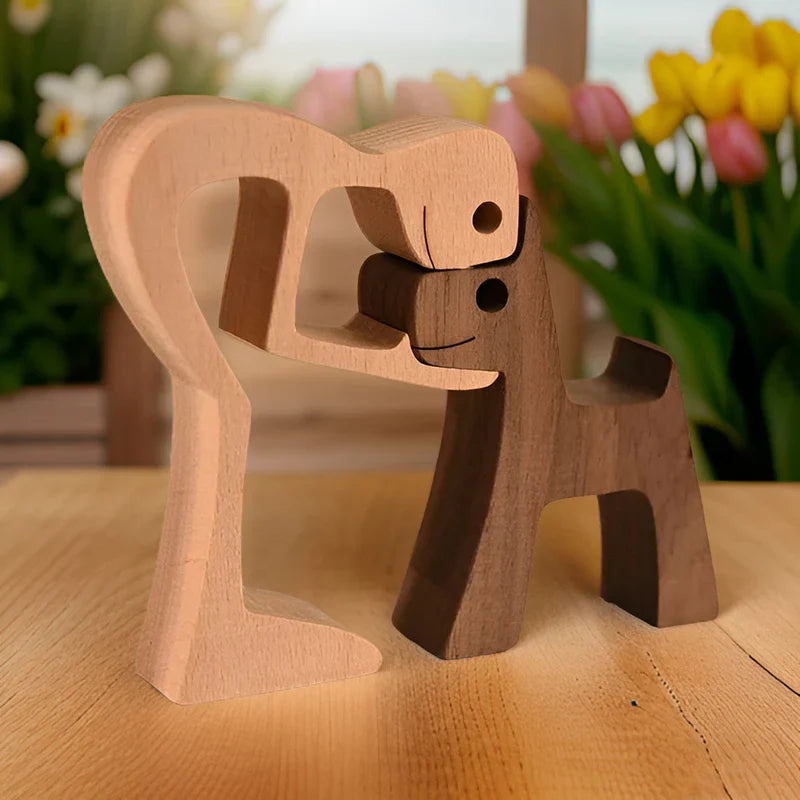 Paws of love - hund und mensch handgefertigte holzskulptur - symbol für ewige bindung
