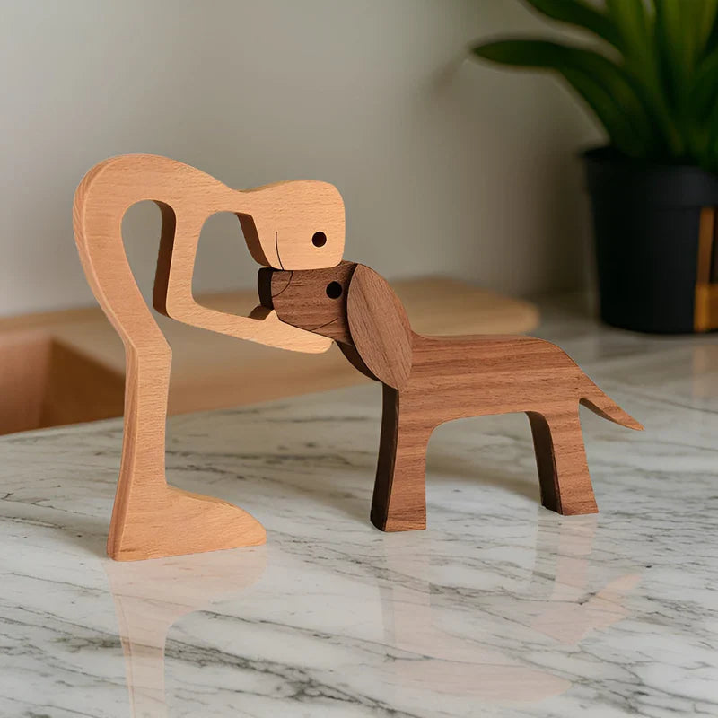Paws of love - hund und mensch handgefertigte holzskulptur - symbol für ewige bindung