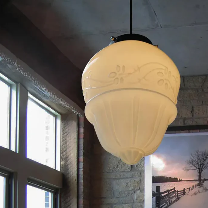 Vintage Weiß Milchglas Geometrische Jar Pendelleuchte