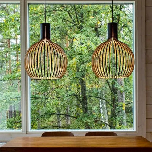 Skandinavische vogelkäfiglampe aus holz, japanische kreative holzpendellampe