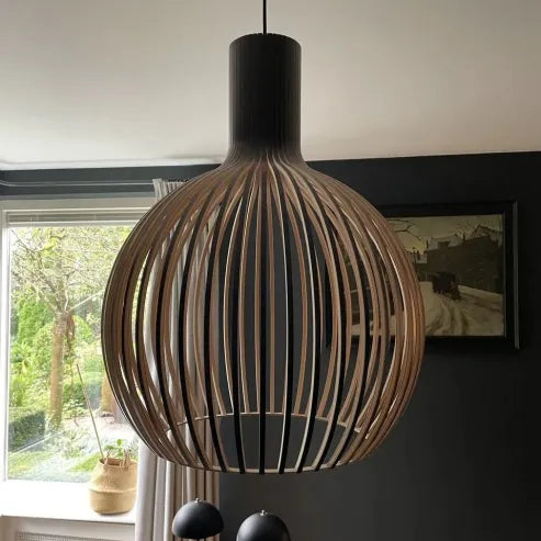 Skandinavische vogelkäfiglampe aus holz, japanische kreative holzpendellampe